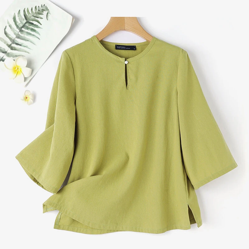 (image for) ZANZEA Women Button Summer O-Neck 3/4 Sleeve Solid Blouses Casual Cotton Linen Shirts for Women Loose Fit