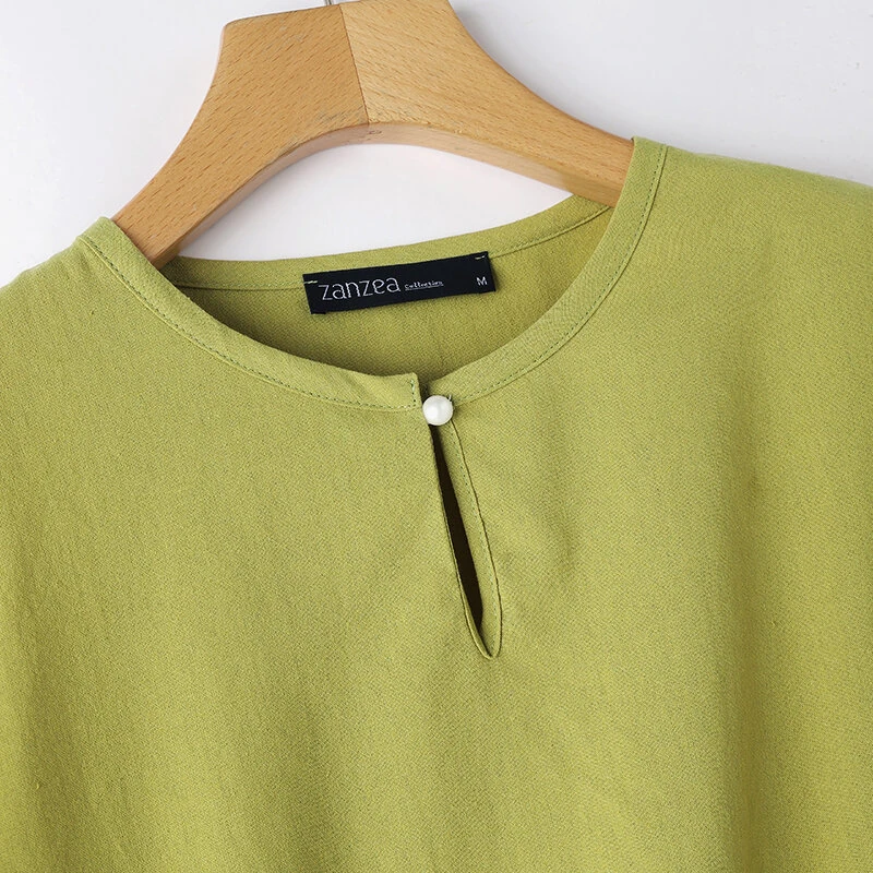 (image for) ZANZEA Women Button Summer O-Neck 3/4 Sleeve Solid Blouses Casual Cotton Linen Shirts for Women Loose Fit