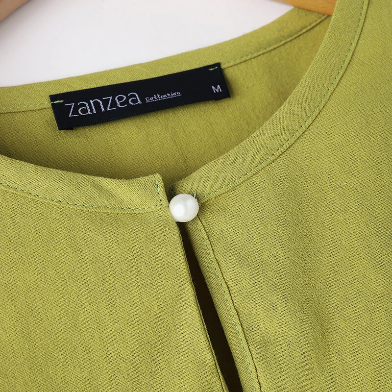 (image for) ZANZEA Women Button Summer O-Neck 3/4 Sleeve Solid Blouses Casual Cotton Linen Shirts for Women Loose Fit
