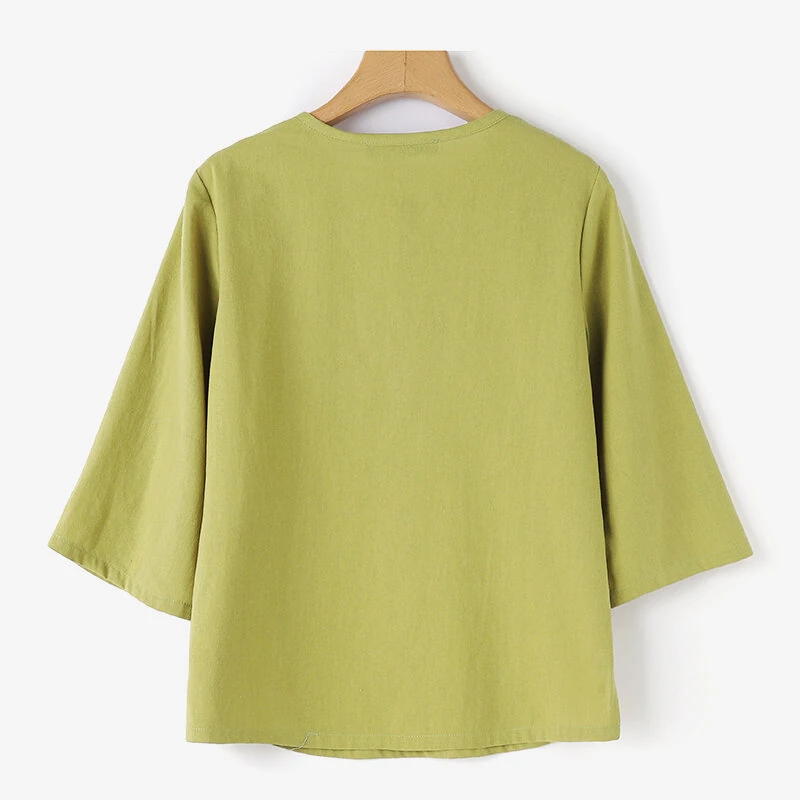 (image for) ZANZEA Women Button Summer O-Neck 3/4 Sleeve Solid Blouses Casual Cotton Linen Shirts for Women Loose Fit