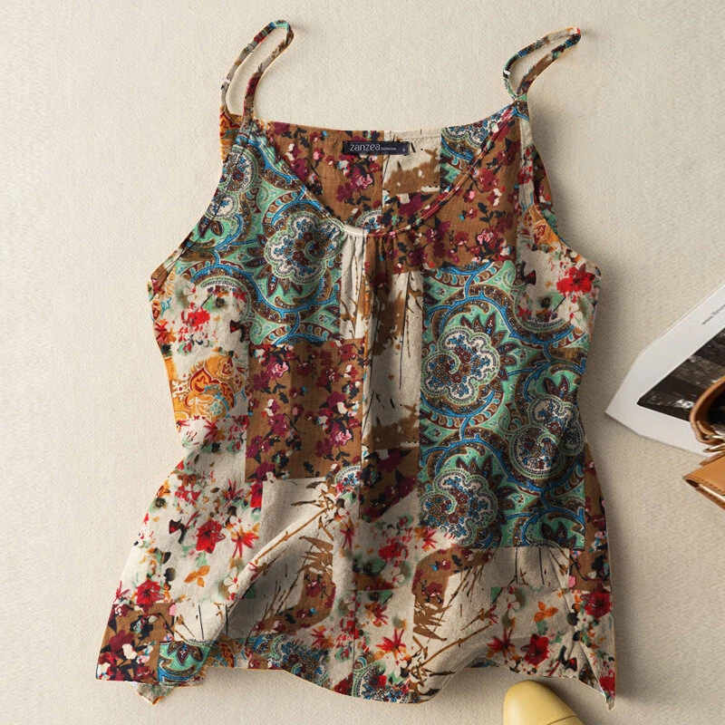 (image for) ZANZEA Women Camisole Tanks Top Ladies Cotton Linen Print Vest Sleeveless Undershirt Large Size Linen Loose Tanks