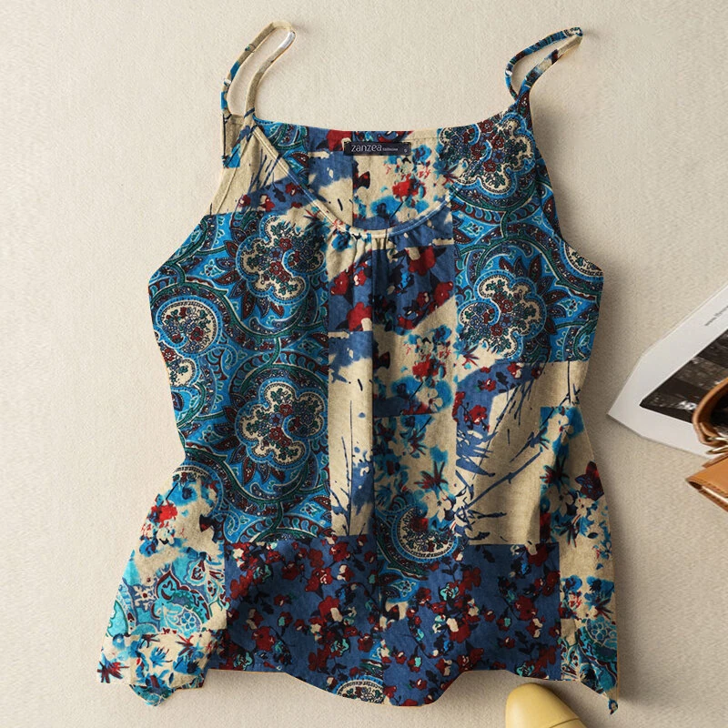 (image for) ZANZEA Women Camisole Tanks Top Ladies Cotton Linen Print Vest Sleeveless Undershirt Large Size Linen Loose Tanks