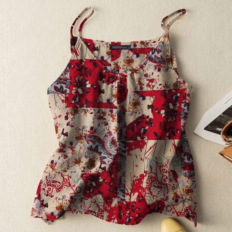(image for) ZANZEA Women Camisole Tanks Top Ladies Cotton Linen Print Vest Sleeveless Undershirt Large Size Linen Loose Tanks