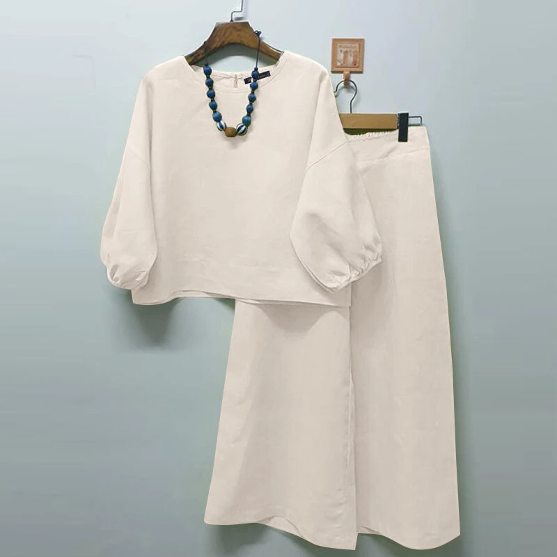 (image for) ZANZEA Women Casual Solid Top Pant Sets Spring Summer Puff Sleeve Top Wide Leg Trouser 2pcs Outfits Daily 2 Pieces Womens Suits 5XL Autumn