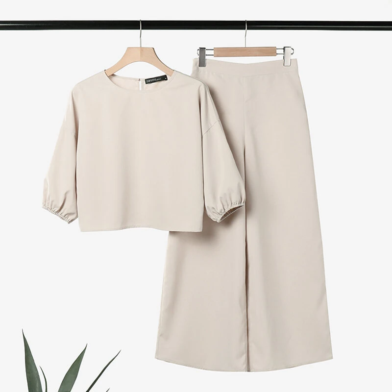 (image for) ZANZEA Women Casual Solid Top Pant Sets Spring Summer Puff Sleeve Top Wide Leg Trouser 2pcs Outfits Daily 2 Pieces Womens Suits 5XL Autumn