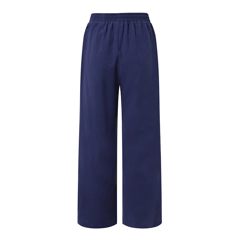 (image for) ZANZEA Women Cotton Elastic Waist Solid Color Long Pants Casual Loose Straight Trousers