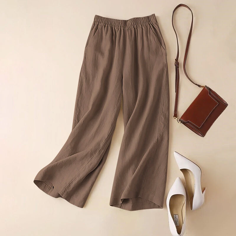 (image for) ZANZEA Women Cotton Elastic Waist Solid Color Long Pants Casual Loose Straight Trousers