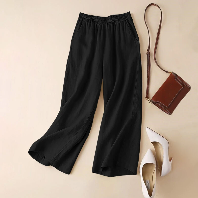 (image for) ZANZEA Women Cotton Elastic Waist Solid Color Long Pants Casual Loose Straight Trousers