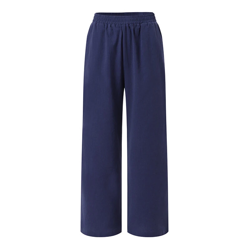(image for) ZANZEA Women Cotton Elastic Waist Solid Color Long Pants Casual Loose Straight Trousers
