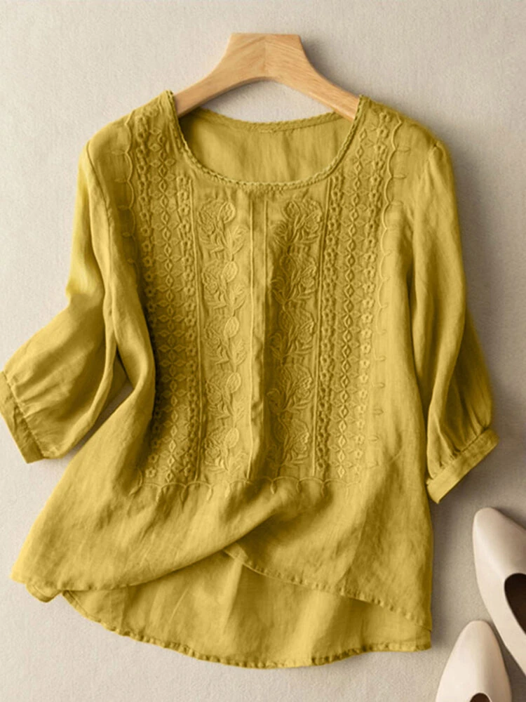 (image for) ZANZEA Women Daily Casual 3/4 Length Sleeve Blouses Solod Color Shirts