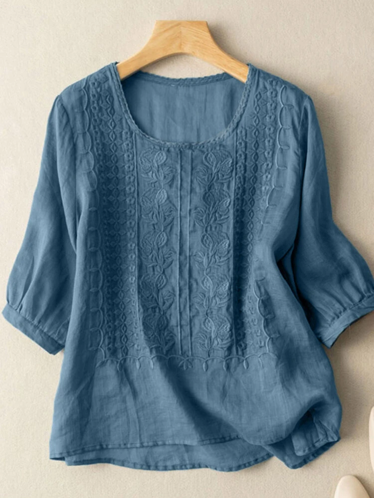 (image for) ZANZEA Women Daily Casual 3/4 Length Sleeve Blouses Solod Color Shirts