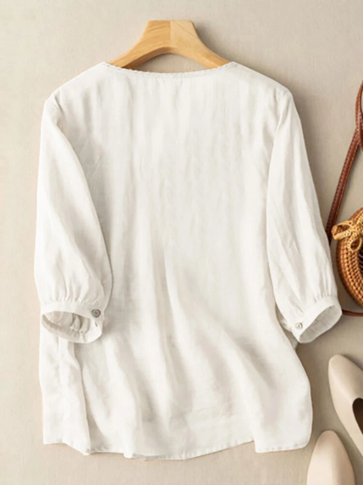 (image for) ZANZEA Women Daily Casual 3/4 Length Sleeve Blouses Solod Color Shirts