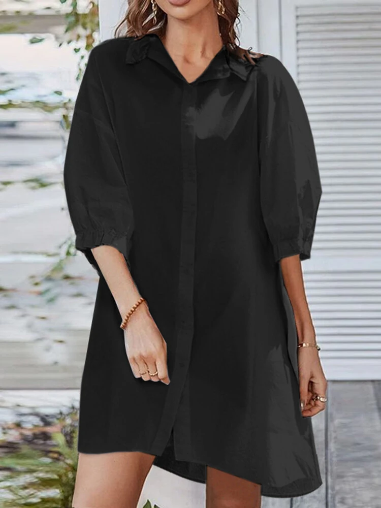 (image for) ZANZEA Women Daily Casual 3/4 Length Sleeve Solid Color Shirt Dresses