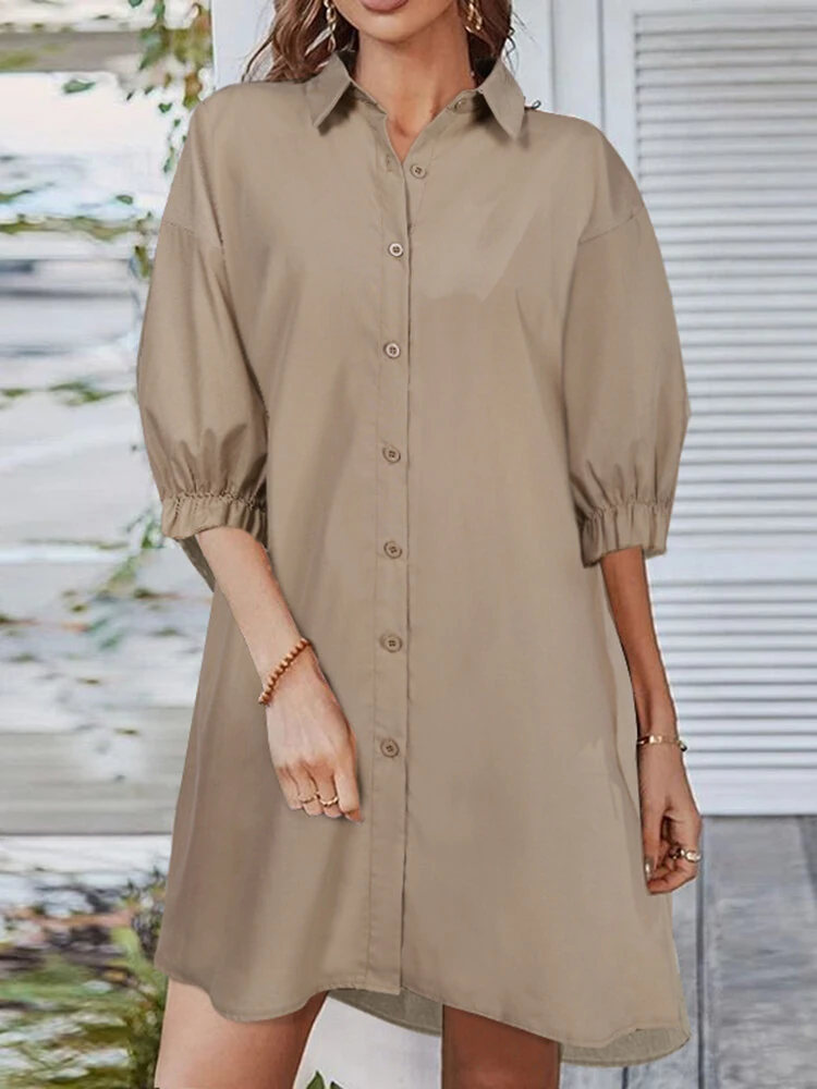 (image for) ZANZEA Women Daily Casual 3/4 Length Sleeve Solid Color Shirt Dresses
