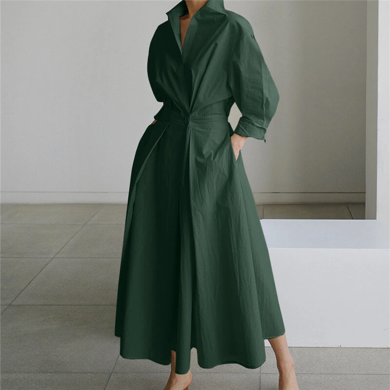 (image for) ZANZEA Women Fashion Autumn Sundress Elegant Women Lapel Neck Long Sleeve Solid OL Vestidos Robe Femme Long Shirt Dress Oversized