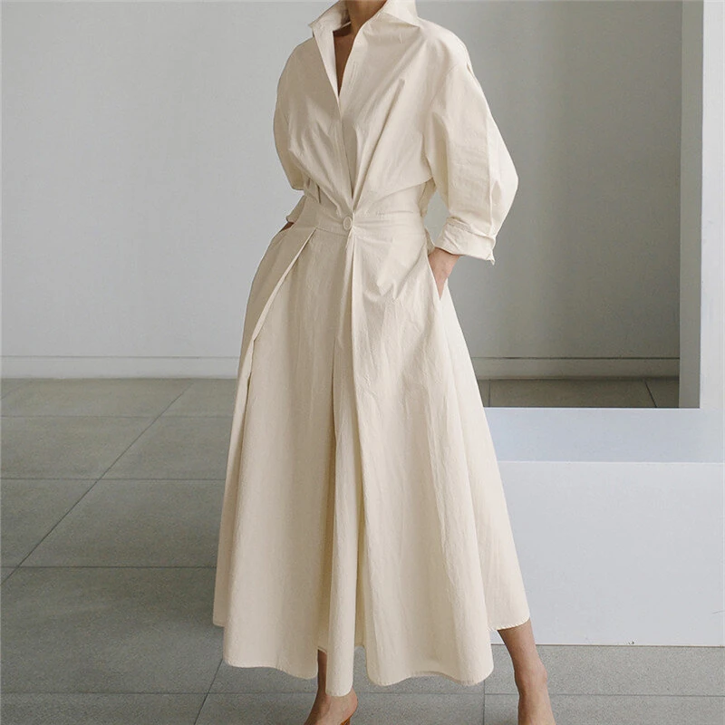 (image for) ZANZEA Women Fashion Autumn Sundress Elegant Women Lapel Neck Long Sleeve Solid OL Vestidos Robe Femme Long Shirt Dress Oversized