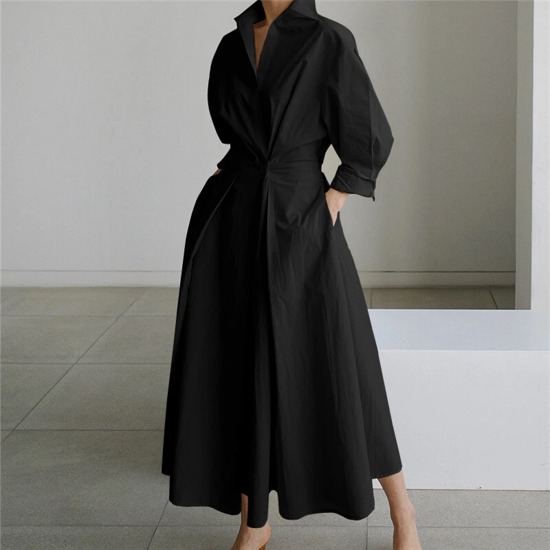 (image for) ZANZEA Women Fashion Autumn Sundress Elegant Women Lapel Neck Long Sleeve Solid OL Vestidos Robe Femme Long Shirt Dress Oversized