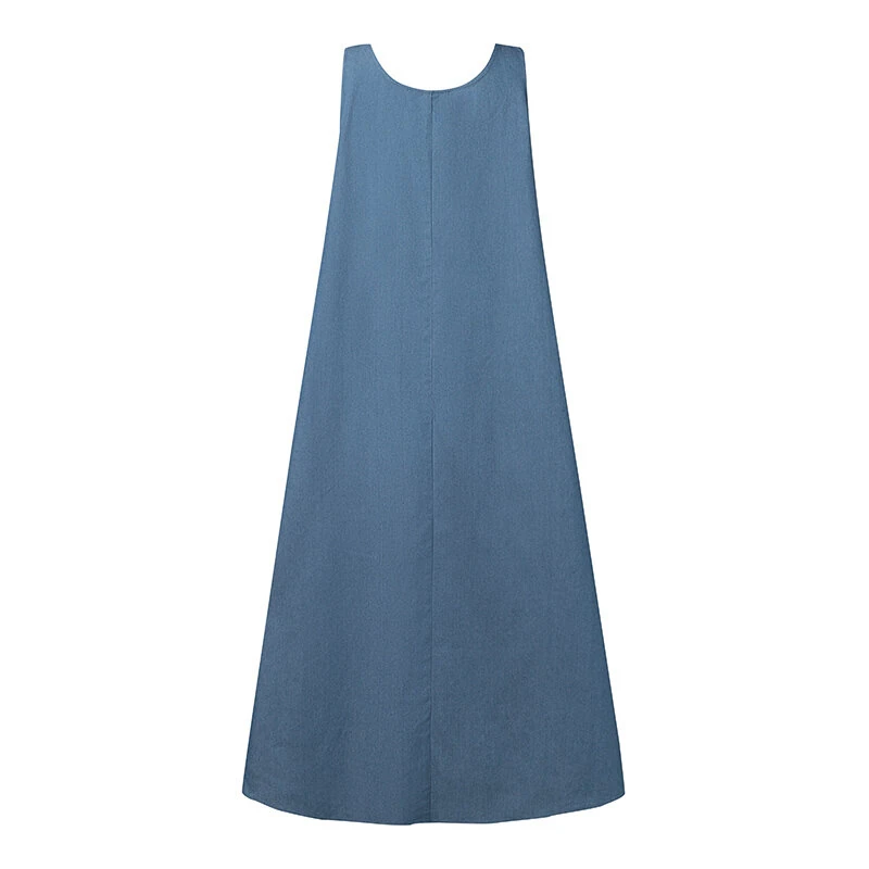 (image for) ZANZEA Women Fashion Denim Overalls Dress Summer Sleeveless Casual Loose Sundress Solid Color Maxi Dress With Pockets