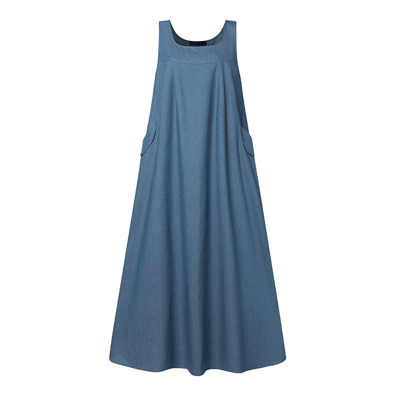 (image for) ZANZEA Women Fashion Denim Overalls Dress Summer Sleeveless Casual Loose Sundress Solid Color Maxi Dress With Pockets