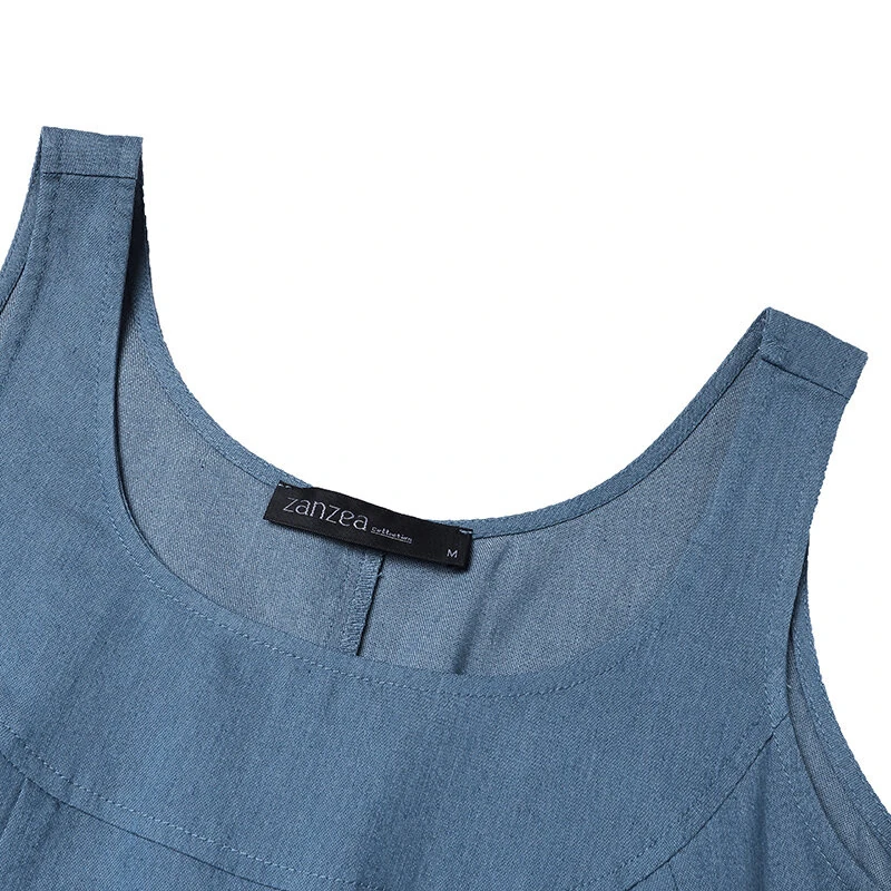 (image for) ZANZEA Women Fashion Denim Overalls Dress Summer Sleeveless Casual Loose Sundress Solid Color Maxi Dress With Pockets