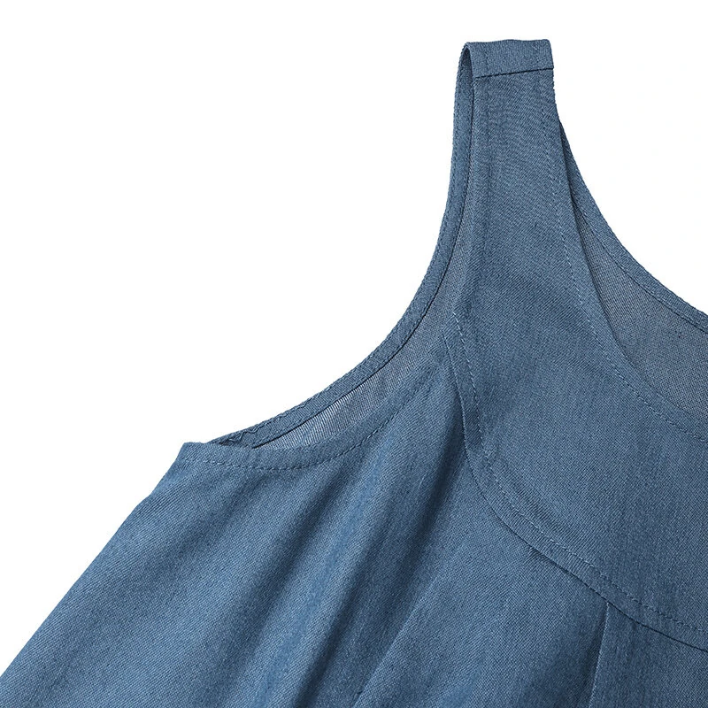 (image for) ZANZEA Women Fashion Denim Overalls Dress Summer Sleeveless Casual Loose Sundress Solid Color Maxi Dress With Pockets