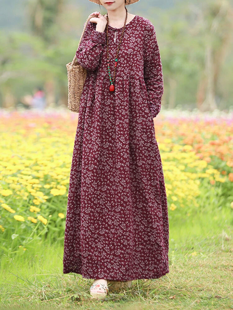 (image for) ZANZEA Women Floral Print O-Neck Long Sleeve Bohemian Holiday Maxi Dress With Pocket