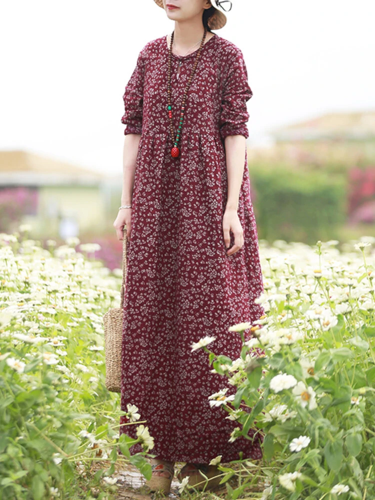 (image for) ZANZEA Women Floral Print O-Neck Long Sleeve Bohemian Holiday Maxi Dress With Pocket