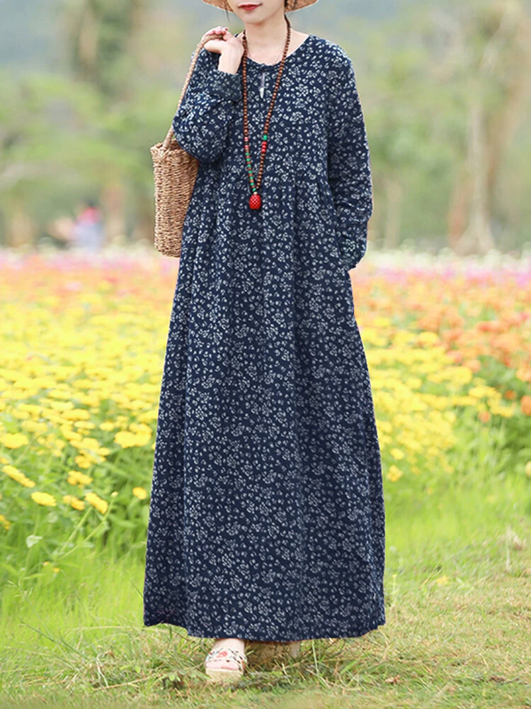 (image for) ZANZEA Women Floral Print O-Neck Long Sleeve Bohemian Holiday Maxi Dress With Pocket