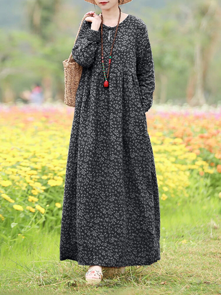 (image for) ZANZEA Women Floral Print O-Neck Long Sleeve Bohemian Holiday Maxi Dress With Pocket