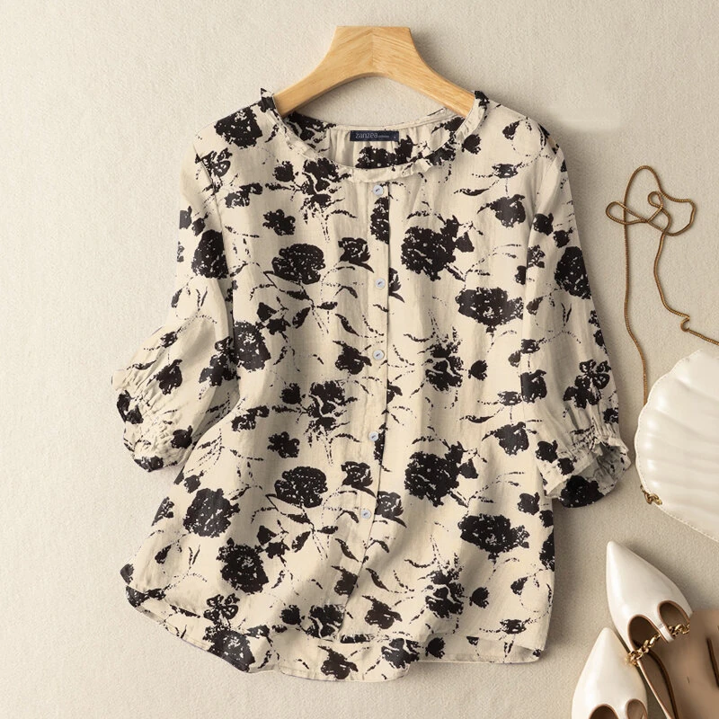 (image for) ZANZEA Women Flowers Print Shirt Ruffled stand-up Collar Design Vintage Blouse Medium-length Sleeve Plus Size Blouse Tops for Women