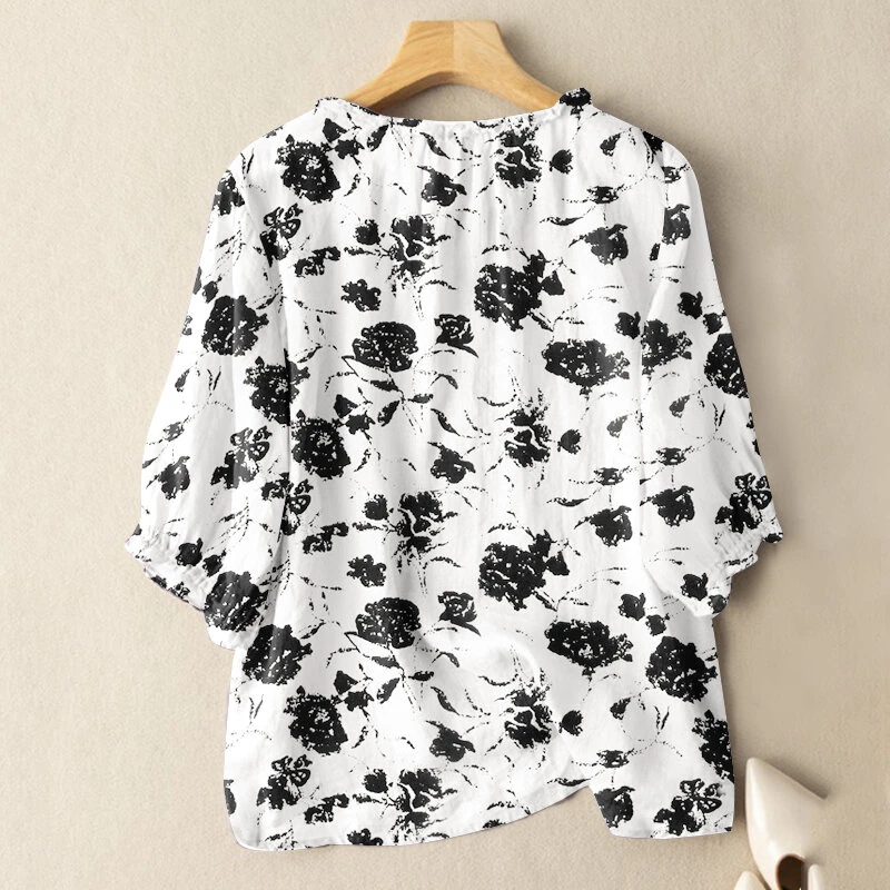 (image for) ZANZEA Women Flowers Print Shirt Ruffled stand-up Collar Design Vintage Blouse Medium-length Sleeve Plus Size Blouse Tops for Women