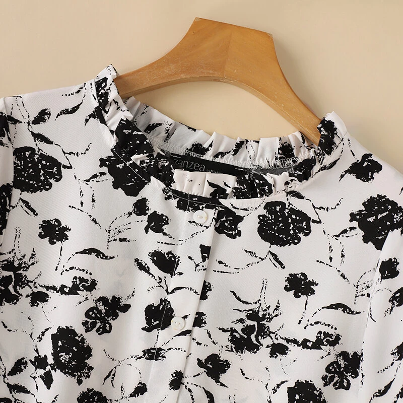 (image for) ZANZEA Women Flowers Print Shirt Ruffled stand-up Collar Design Vintage Blouse Medium-length Sleeve Plus Size Blouse Tops for Women