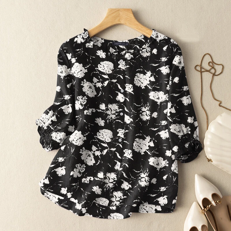 (image for) ZANZEA Women Flowers Print Shirt Ruffled stand-up Collar Design Vintage Blouse Medium-length Sleeve Plus Size Blouse Tops for Women