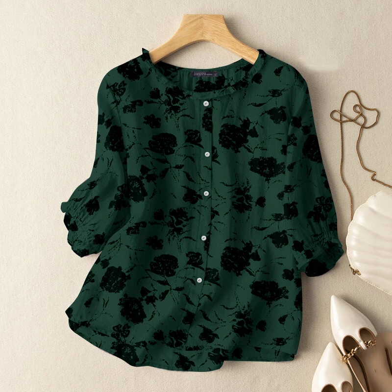 (image for) ZANZEA Women Flowers Print Shirt Ruffled stand-up Collar Design Vintage Blouse Medium-length Sleeve Plus Size Blouse Tops for Women