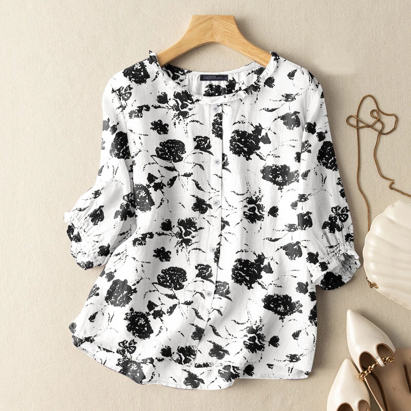 (image for) ZANZEA Women Flowers Print Shirt Ruffled stand-up Collar Design Vintage Blouse Medium-length Sleeve Plus Size Blouse Tops for Women