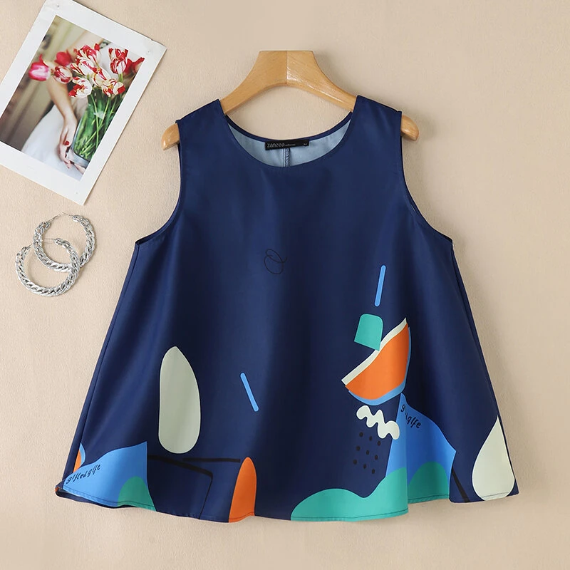 (image for) ZANZEA Women Holiday Fashion Round Neck Graphic Printed Tanks Casual Crew Neck A-Line Vests Tops