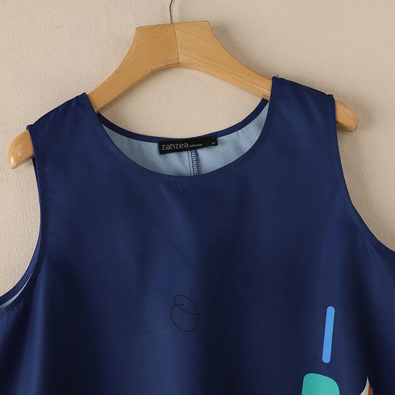 (image for) ZANZEA Women Holiday Fashion Round Neck Graphic Printed Tanks Casual Crew Neck A-Line Vests Tops