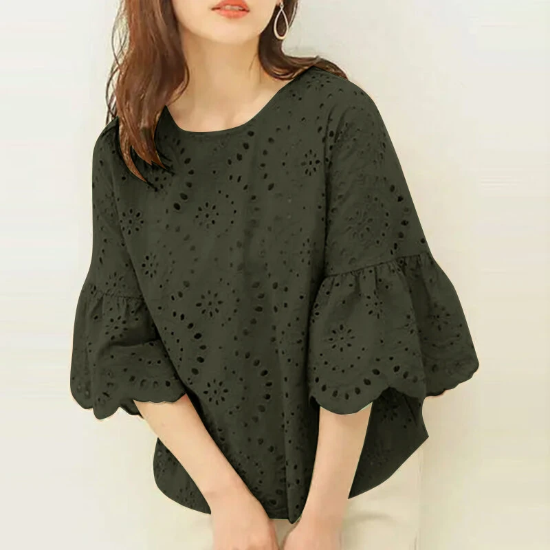 (image for) ZANZEA Women Korean Casual Shirt Daily Embroidery Hollow Ruffle Sleeve Blouses