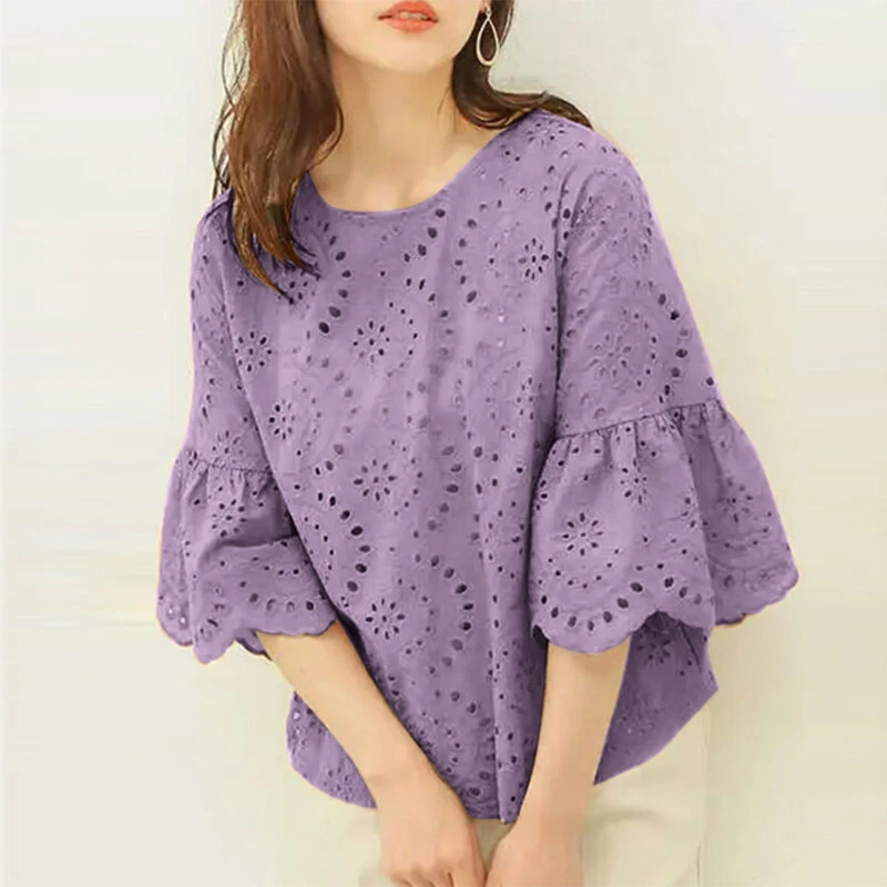 (image for) ZANZEA Women Korean Casual Shirt Daily Embroidery Hollow Ruffle Sleeve Blouses