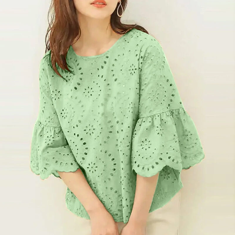 (image for) ZANZEA Women Korean Casual Shirt Daily Embroidery Hollow Ruffle Sleeve Blouses