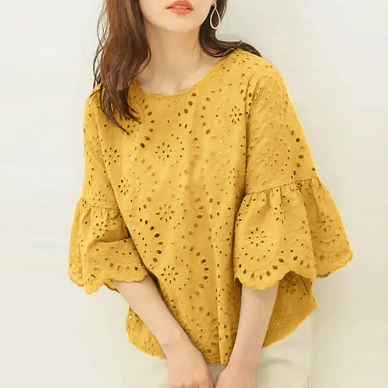 (image for) ZANZEA Women Korean Casual Shirt Daily Embroidery Hollow Ruffle Sleeve Blouses