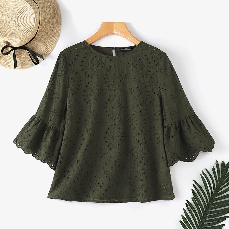 (image for) ZANZEA Women Korean Casual Shirt Daily Embroidery Hollow Ruffle Sleeve Blouses