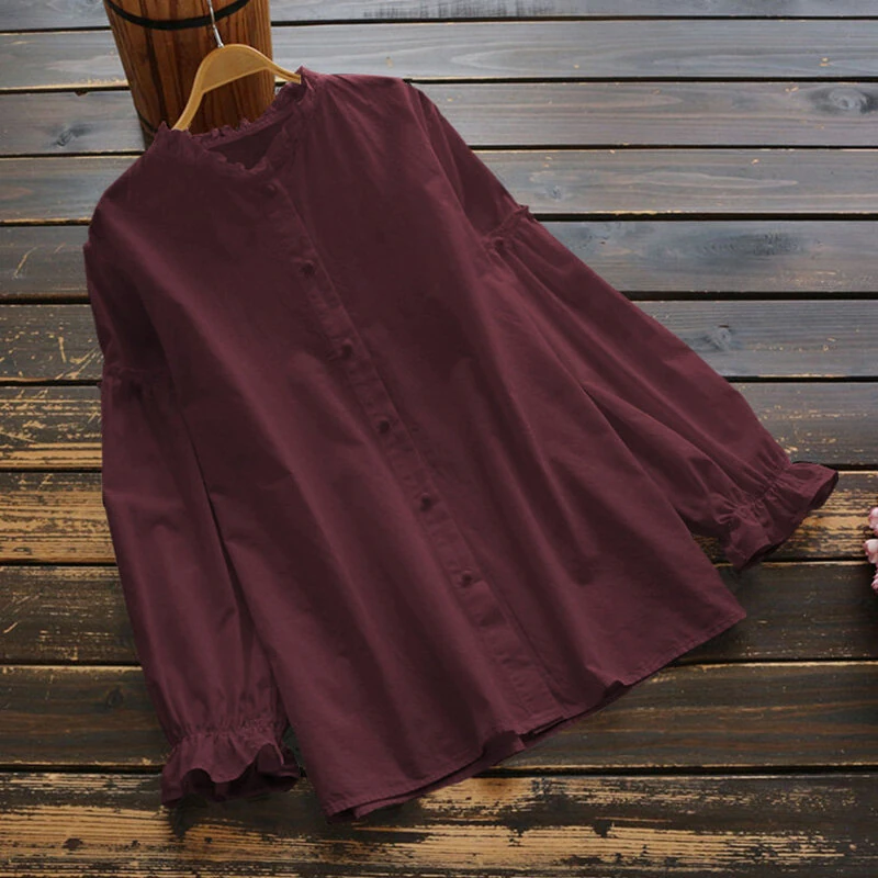 (image for) ZANZEA Women Long Sleeve Blouse Casual Solid Button Down Shirts Female Cotton Tops Chemise S-5XL, Spring Fall for Women Tops