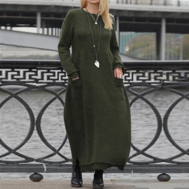 (image for) ZANZEA Women Long Sleeved Long Dress with Side Pockets Lace Patchwork Casual Long Maxi Dress for Spring Fall