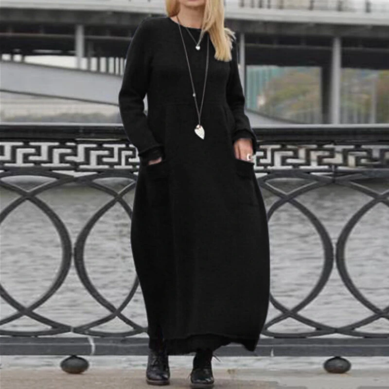 (image for) ZANZEA Women Long Sleeved Long Dress with Side Pockets Lace Patchwork Casual Long Maxi Dress for Spring Fall