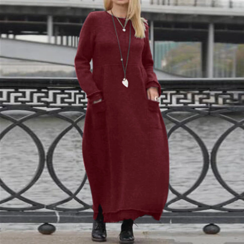 (image for) ZANZEA Women Long Sleeved Long Dress with Side Pockets Lace Patchwork Casual Long Maxi Dress for Spring Fall