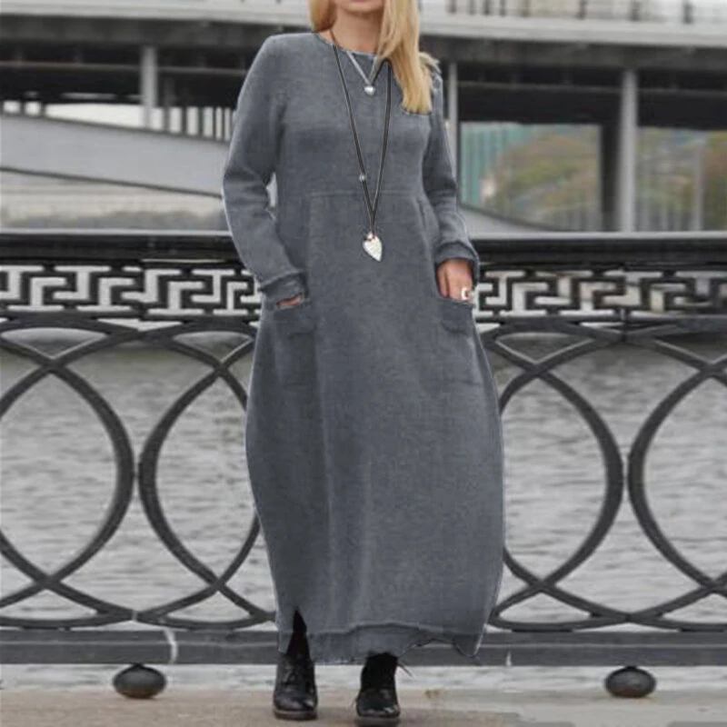(image for) ZANZEA Women Long Sleeved Long Dress with Side Pockets Lace Patchwork Casual Long Maxi Dress for Spring Fall