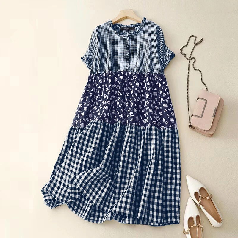 (image for) ZANZEA Women Loose Patchwork Check Floral Dress Stylish Short Sleeve Pleated Crew Neck Shirt Dress for Women Plus Size