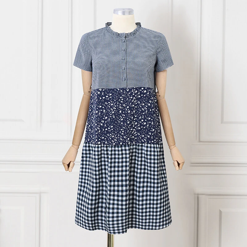 (image for) ZANZEA Women Loose Patchwork Check Floral Dress Stylish Short Sleeve Pleated Crew Neck Shirt Dress for Women Plus Size