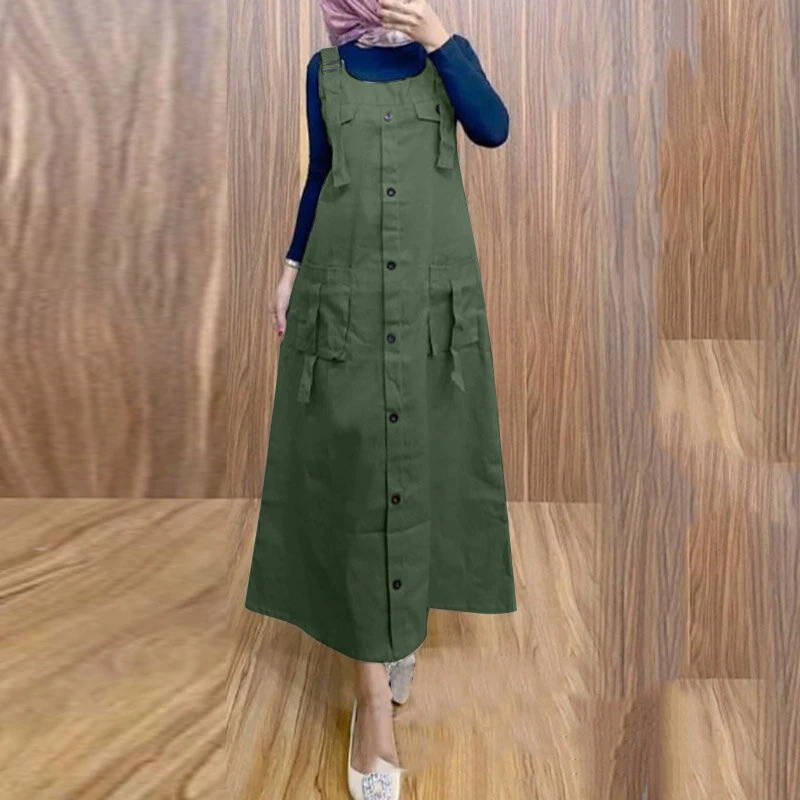 (image for) ZANZEA Women Maxi Dress Solid Color Wide Halter Dress Comftable Workwear Wide Straps Long Dress Plus Size